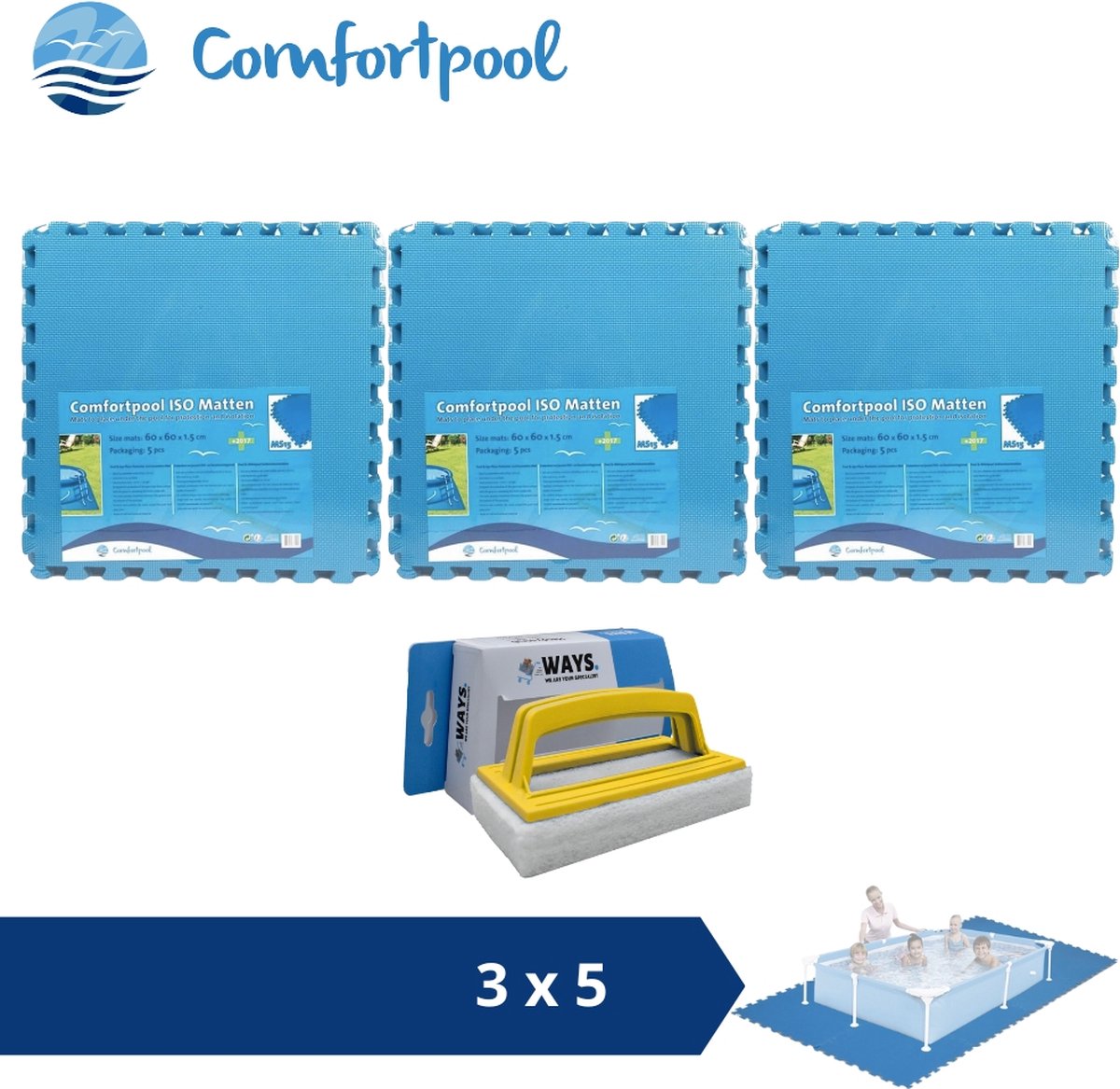 Comfortpool Zwembadtegels - 60x60 cm - Blauw - 3 verpakkingen van 5 stuks & WAYS scrubborstel