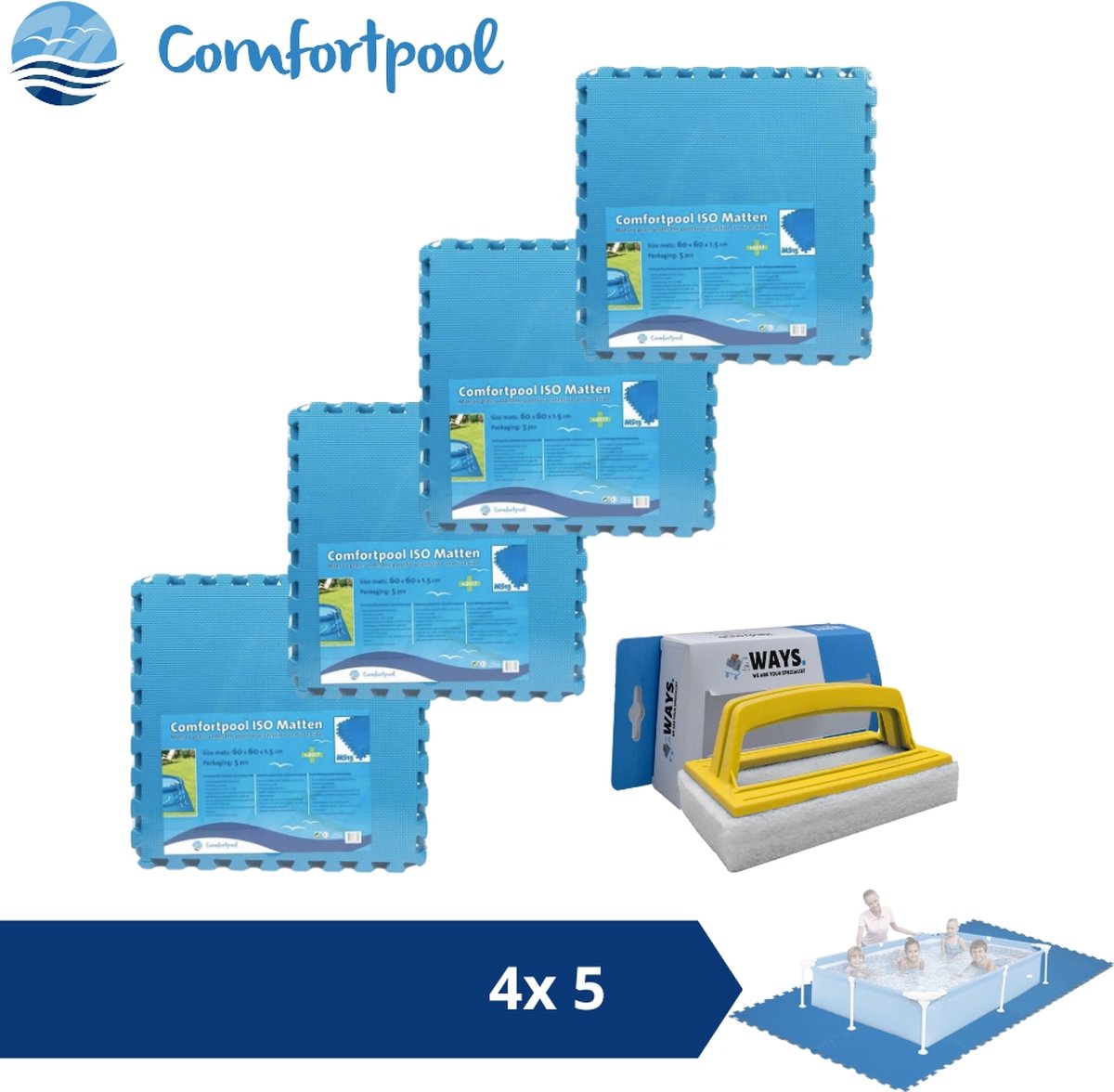 Comfortpool Zwembadtegels - 60x60 cm - Blauw - 4 verpakkingen van 5 stuks & WAYS scrubborstel