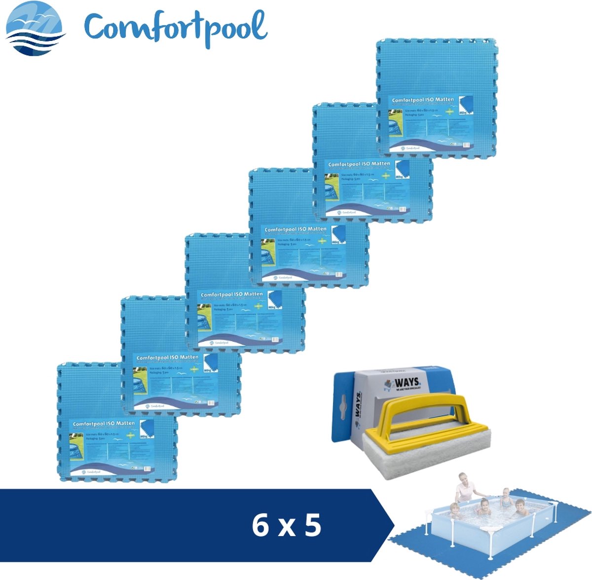 Comfortpool Zwembadtegels - 60x60 cm - Blauw - 6 verpakkingen van 5 stuks & WAYS scrubborstel