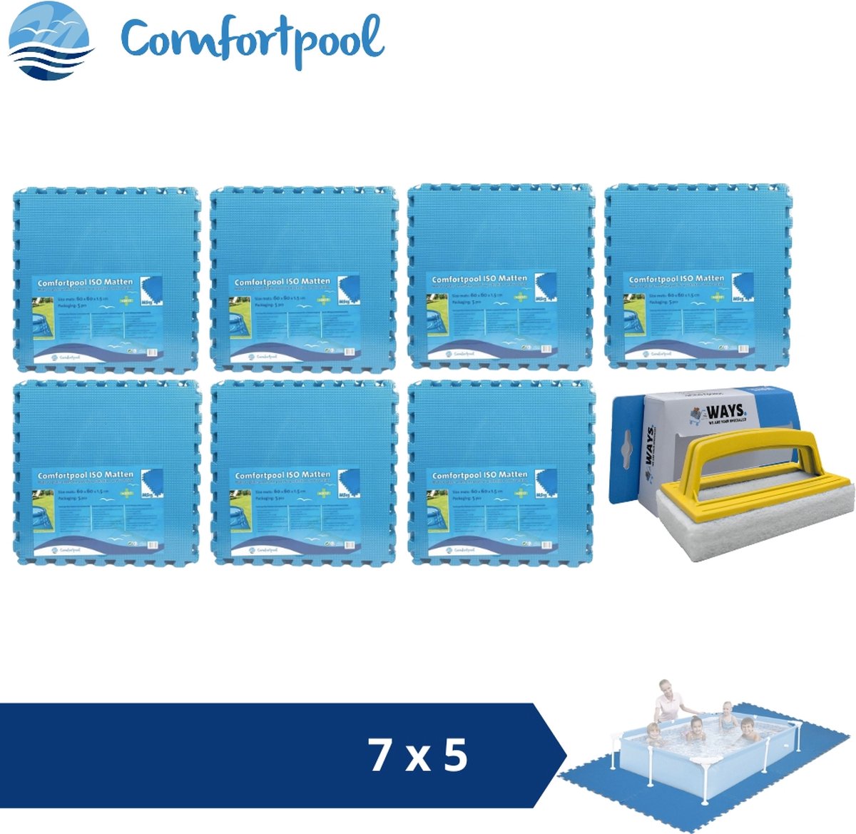 Comfortpool Zwembadtegels - 60x60 cm - Blauw - 7 verpakkingen van 5 stuks & WAYS scrubborstel