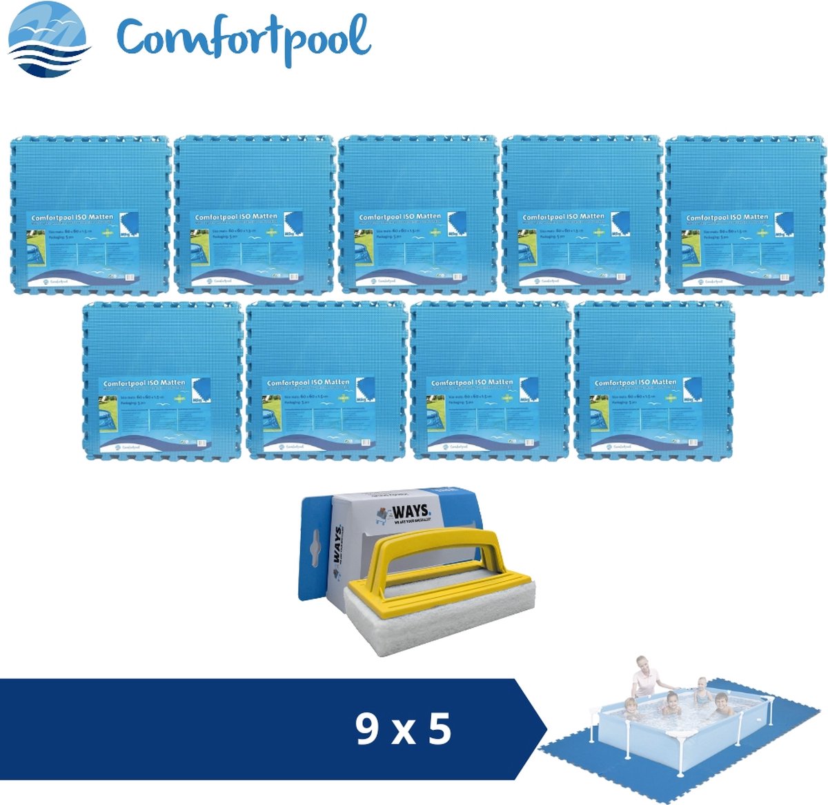 Comfortpool Zwembadtegels - 60x60 cm - Blauw - 9 verpakkingen van 5 stuks & WAYS scrubborstel