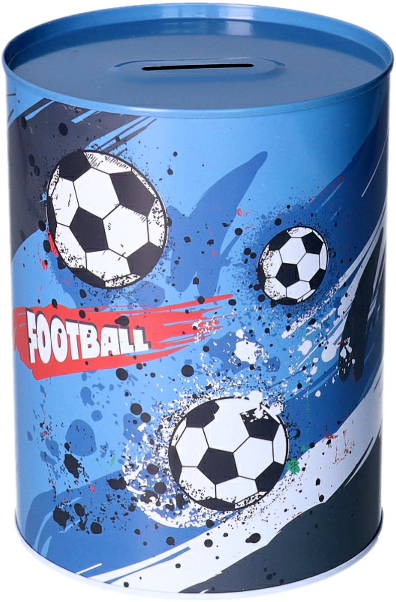 Concorde Spaarpot blik voetbal thema - blauw - D12 x H16 cm - Football tekst - sport cadeau