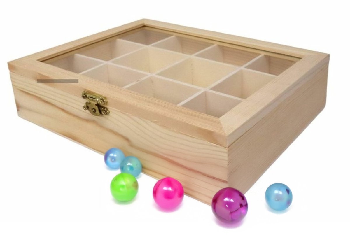 Hobby/kralen opbergdoos - 12-vaks - naturel - hout - 23 x 18 x 5 cm - knutselspullen opbergen