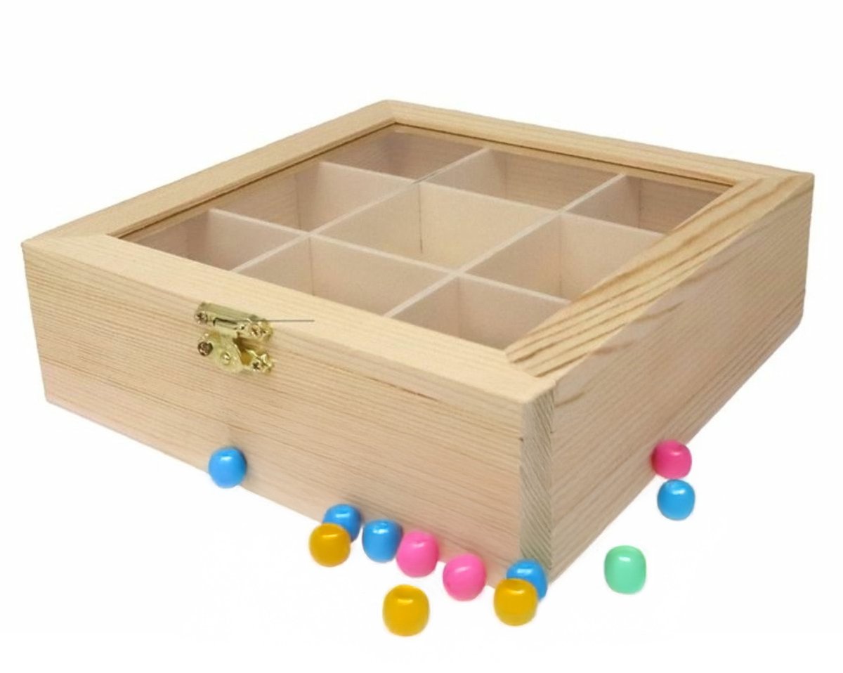 Hobby/kralen opbergdoos - 9-vaks - naturel - hout - 18 x 18 x 5 cm - knutselspullen opbergen