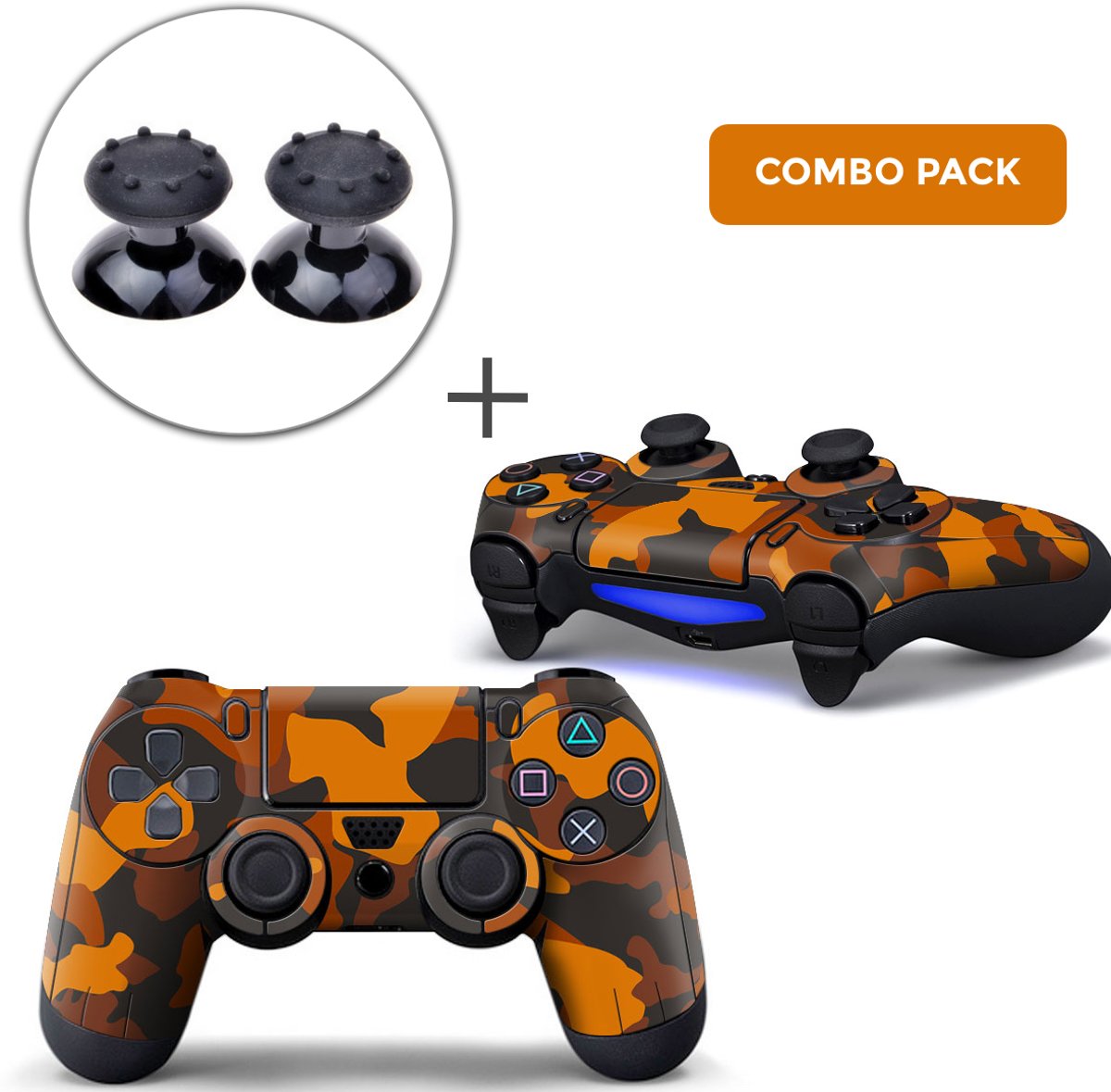 Army Camo / Oranje Zwart Combo Pack - PS4 Controller Skins PlayStation Stickers + Thumb Grips