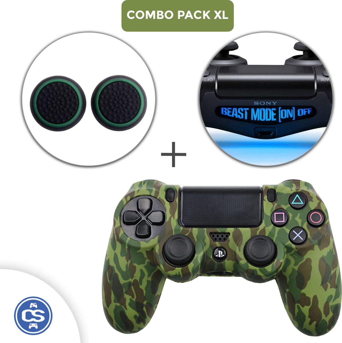 Camo Groen Siliconen Beschermhoes + Thumb Grips + Lightbar Skin voor PS4 Dualshock PlayStation 4 Controller - Softcover Hoes / Case