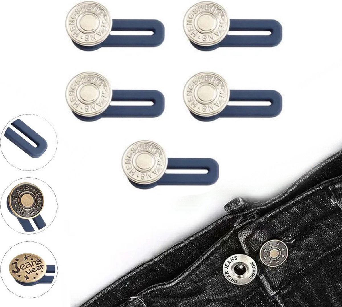 Consumerce® Set van 5 Premium Knoopsgat Verlengers - Zilverkleurig – Broekverbreder Jeans – Knoop Verlgenger Voor Je Broek – Zwangerschapsbroekverbreder – Voor Spijkerbroek – Spijkerbroeken - Zwangerschap Broekverbreder