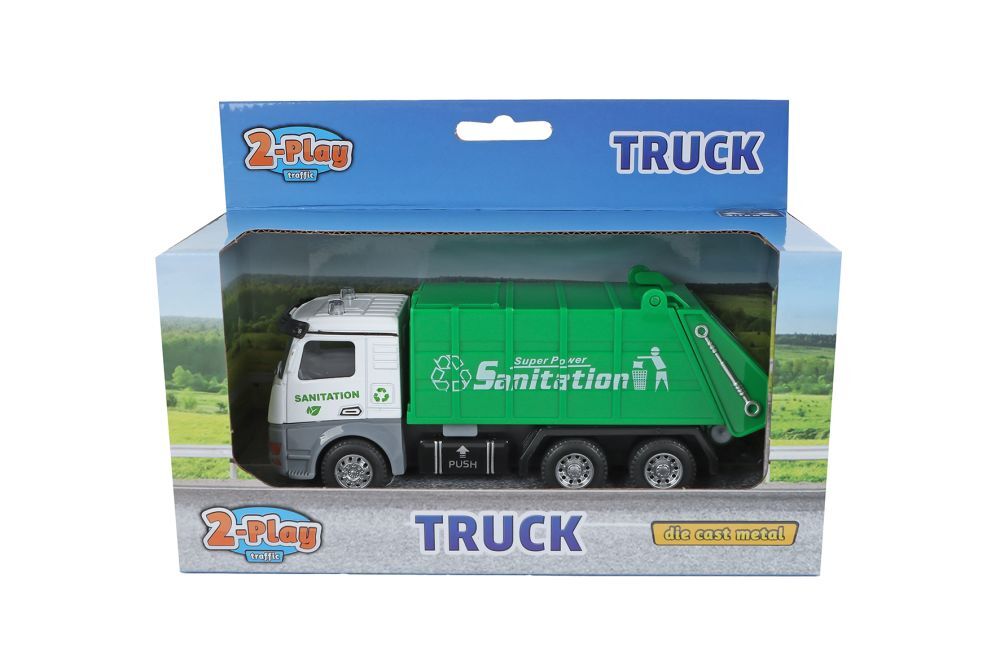 2-Play kiepwagen of vuilniswagen die cast pull back 2ass 15cm