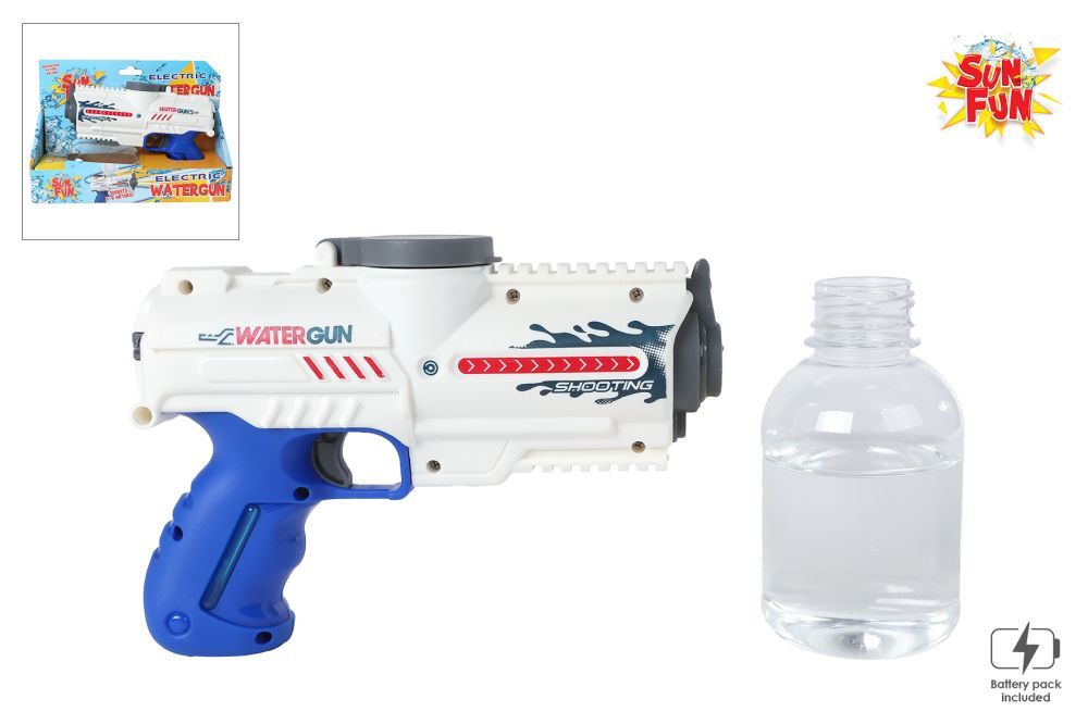 Sun Fun waterpistool elektrisch met fles 18cm wit/blauw