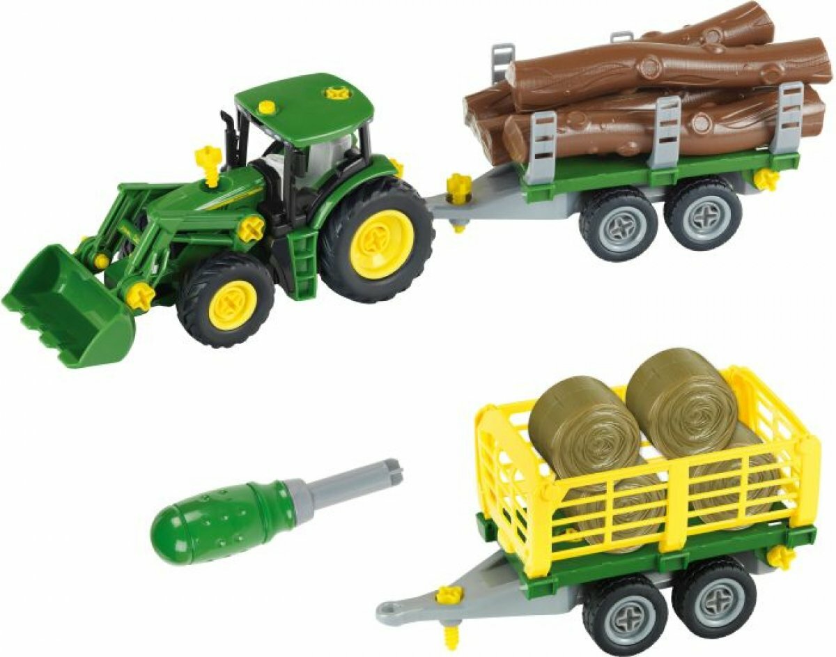 Theo Klein John Deere tractor met hout- en hooiwagen