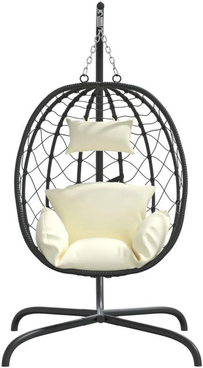 Hangstoel – Hangstoel met Standaard – Egg Chair – Hangmand – Schommelstoel – Kunststof Rattan – Stalen Frame – Incl. Creme-wit Kussen – Max. Belastbaar 150 kg
