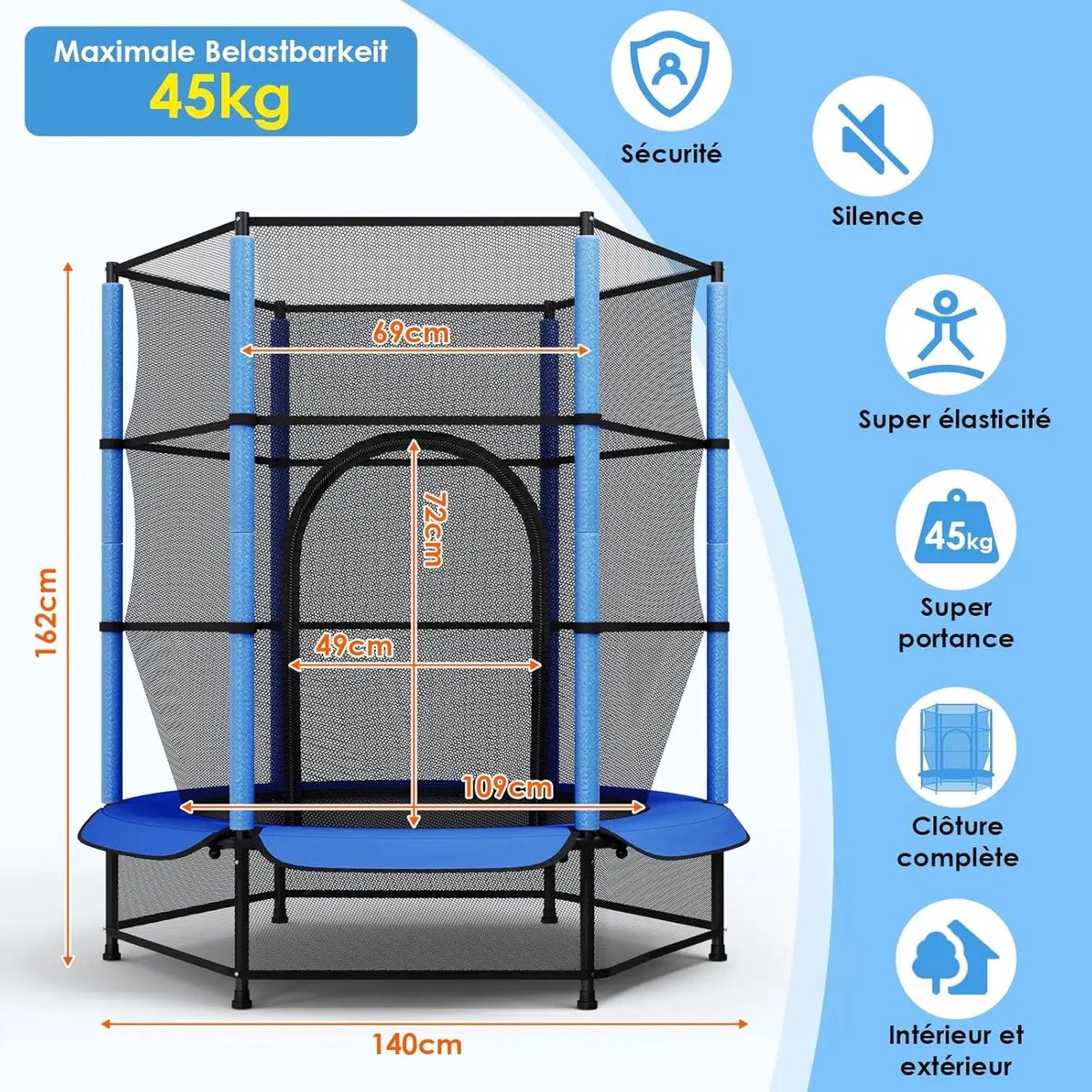 Kindertrampoline – Kinder Trampoline – Mini Trampoline – Buitenspeelgoed – Springmat – Veiligheidsnet – Ø 140 cm – Max. 45 kg dragen – Met Ritssluiting