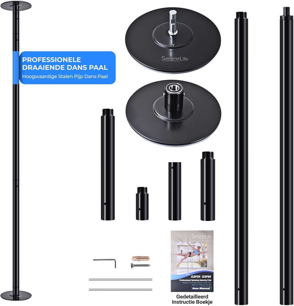 Pole Dance Paal – Danspaal – Fitnesspaal – Turnpaal – Trainingpaal – Zwart – Verstelbare Hoogte 203-274 cm – Stabiel Stalen Ontwerp Tot 500 kg