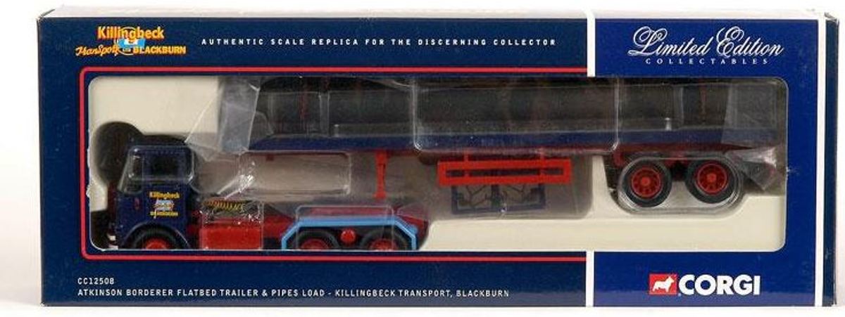 Atkinson Borderer Flatbed Trailer + Pipes Load Killingbeck Transport, Blackburn 1:50 Corgi Blauw / Rood CC12508