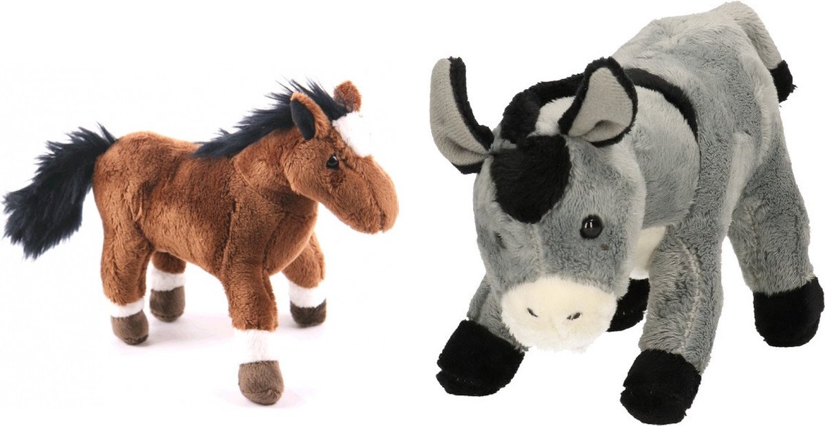 Pluche knuffel boerderijdieren set Ezel en Paard van 20 cm - Zachte kinder knuffels