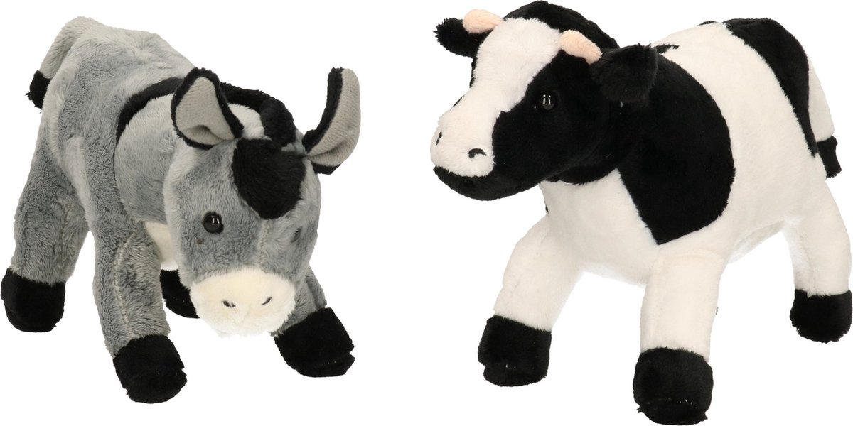 Pluche knuffel boerderijdieren set Koe en Ezel van 22 cm - Zachte kinder knuffels