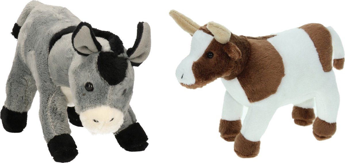 Pluche knuffel boerderijdieren set Koe en Ezel van 22 cm - Zachte kinder knuffels