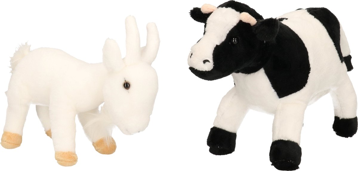 Pluche knuffel boerderijdieren set Koe en Geit van 22 cm - Zachte kinder knuffels