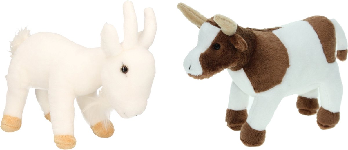 Pluche knuffel boerderijdieren set Koe en Geit van 22 cm - Zachte kinder knuffels