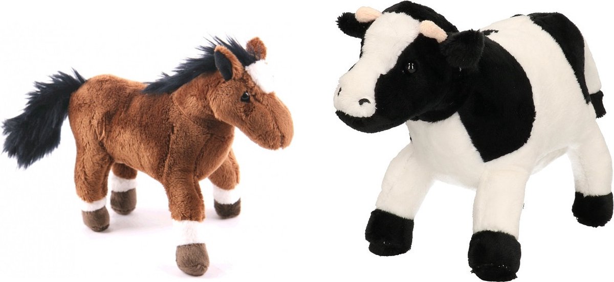 Pluche knuffel boerderijdieren set Koe en Paard van 20 cm - Zachte kinder knuffels