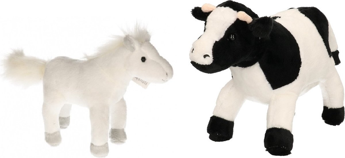 Pluche knuffel boerderijdieren set Koe en Paard van 20 cm - Zachte kinder knuffels