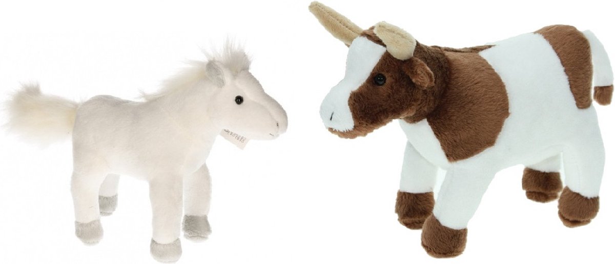 Pluche knuffel boerderijdieren set Koe en Paard van 20 cm - Zachte kinder knuffels