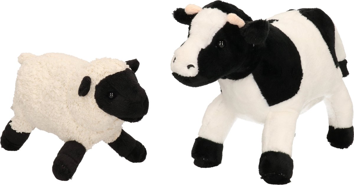 Pluche knuffel boerderijdieren set Koe en Schaap/lammetje van 22 cm - Zachte kinder knuffels