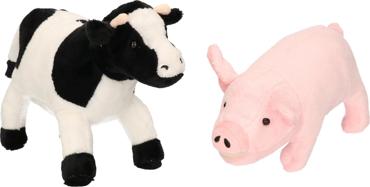 Pluche knuffel boerderijdieren set Koe en Varken van 22 cm - Zachte kinder knuffels