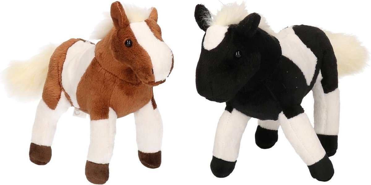 Set van 2x stuks pluche dieren paarden knuffels 25 cm - Bruin en zwart speelfiguur