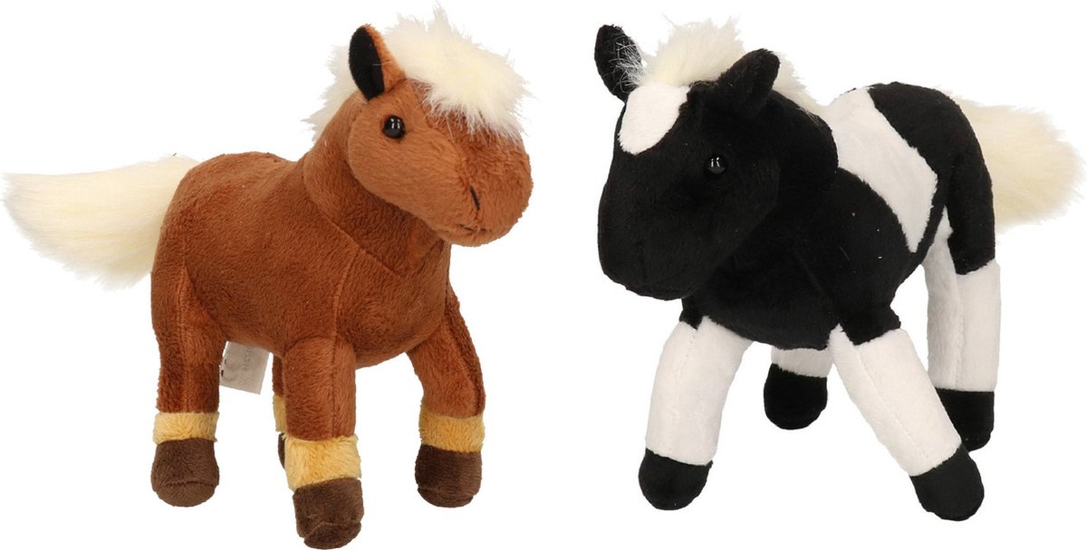 Set van 2x stuks pluche dieren paarden knuffels 25 cm - Bruin en zwart speelfiguur