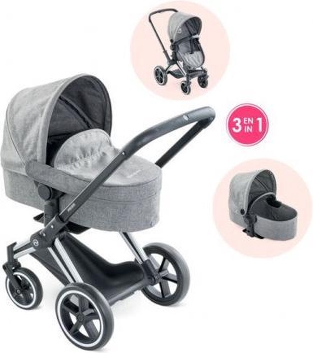   poppenwagen Landau 3 in 1 hippe donkergrijs voor poppen van 30,36,42cm