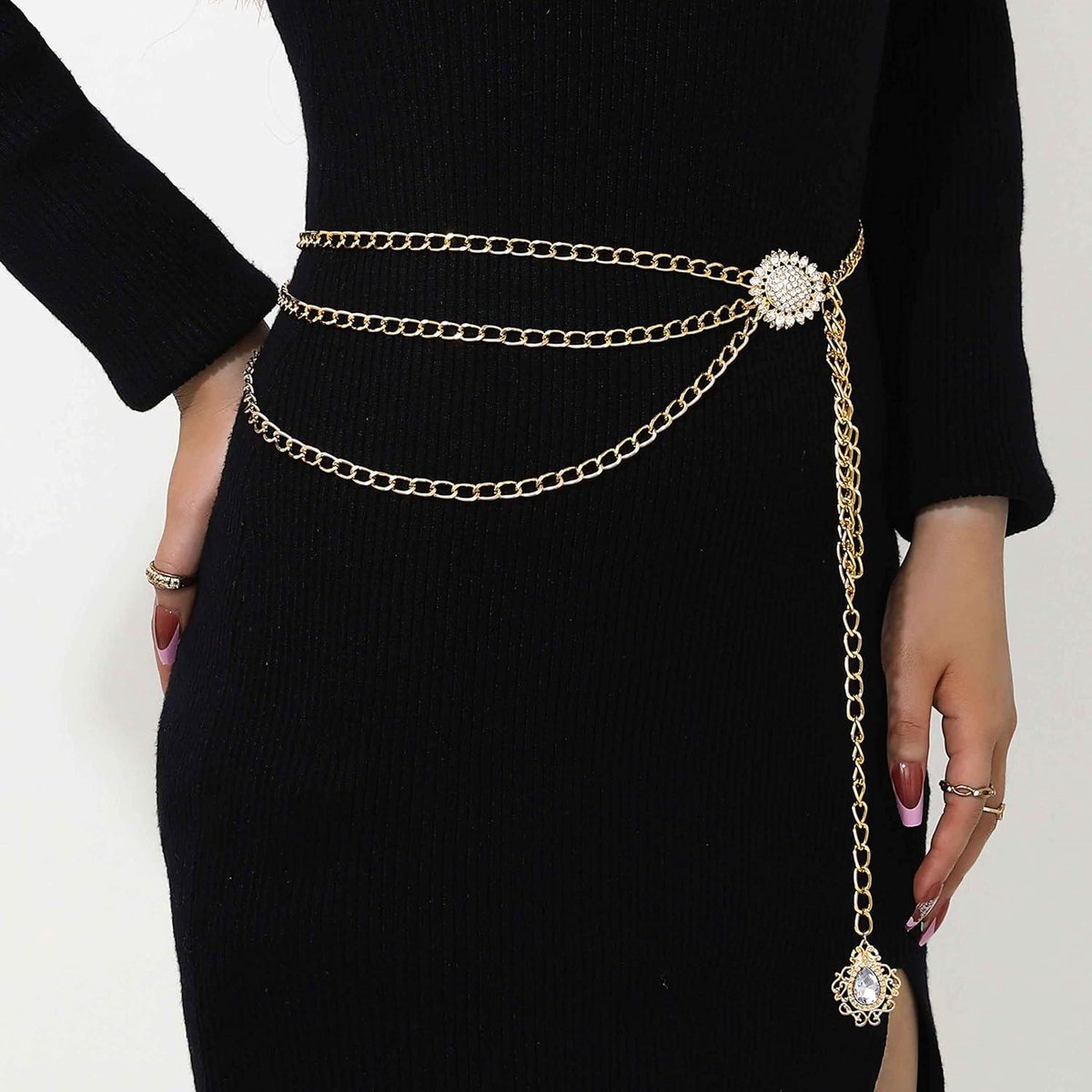 Cosensi - Gelaagde taille ketting met strass voor vrouwen en meisjes, kristallen hanger, lichaamssieraden voor strandfeesten - Bergkristal accent