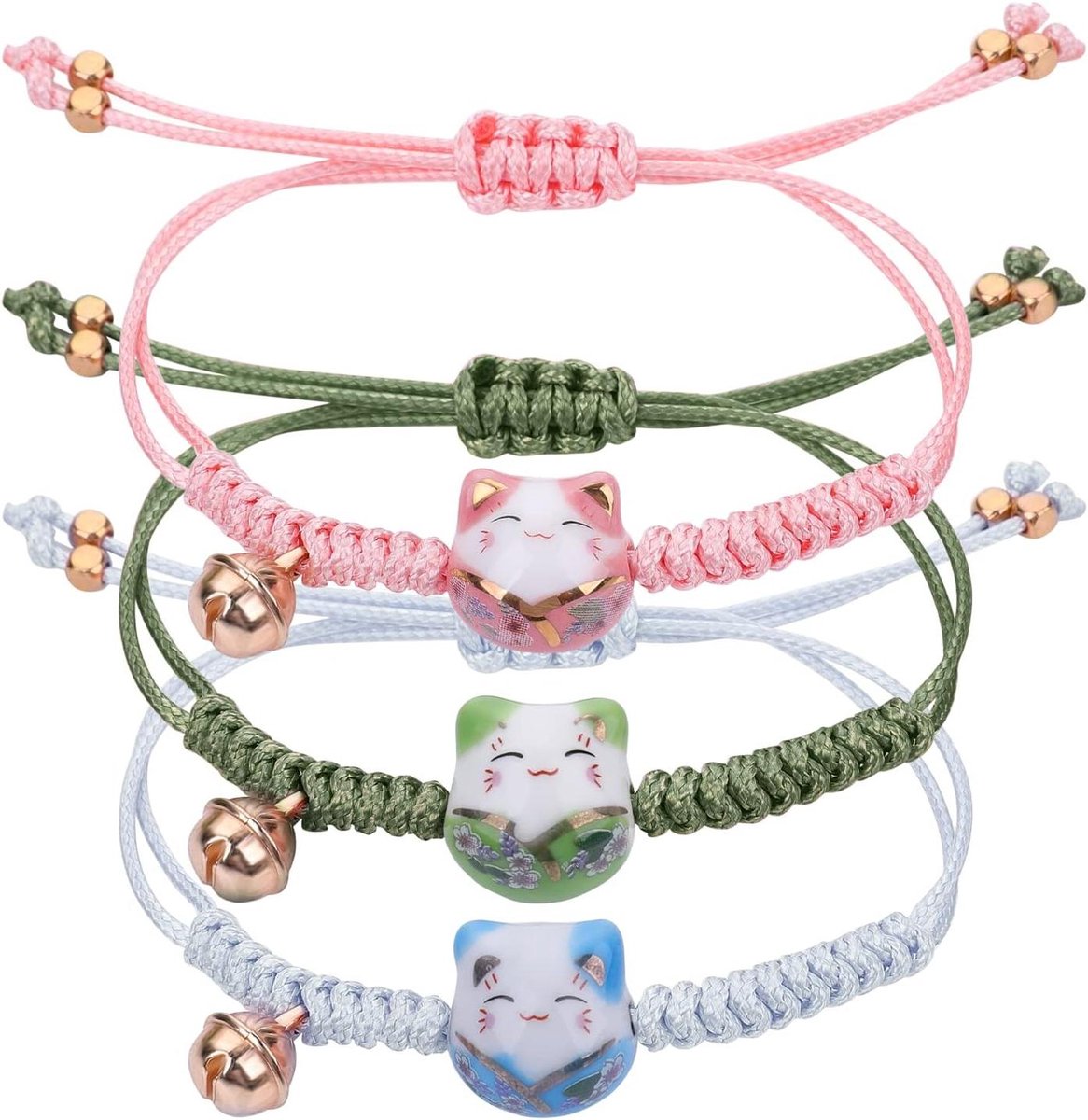 Cosensi - Gelukskat Armband Set van 3 - Keramische Kralen - Verstelbaar - Geluksbrenger met Bel