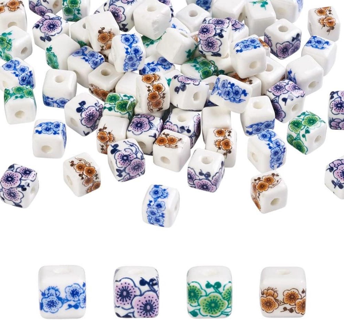   - Handgemaakte porseleinen kubus kralen 9mm - Bloem bedrukt - Keramische losse kralen - DIY armband ketting sieraden maken - Set van 72 stuks