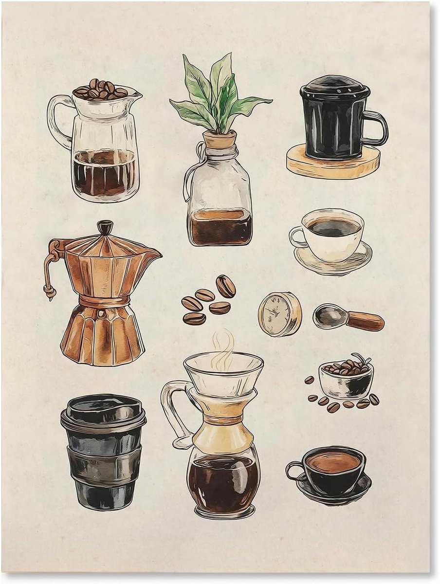   - Koffie Thema Muur Kunst Poster voor Keuken Decoratie - Retro Grafiek - Espresso Afdruk - 12x16 - Unframed