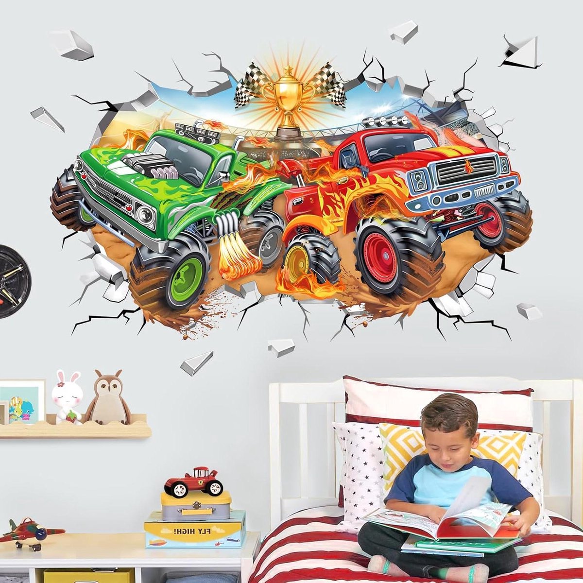   - Muurstickers voor jongenskamer met 3D racing autos - Truck thema - Eenvoudig aan te brengen - Voertuigen interieur decoratie