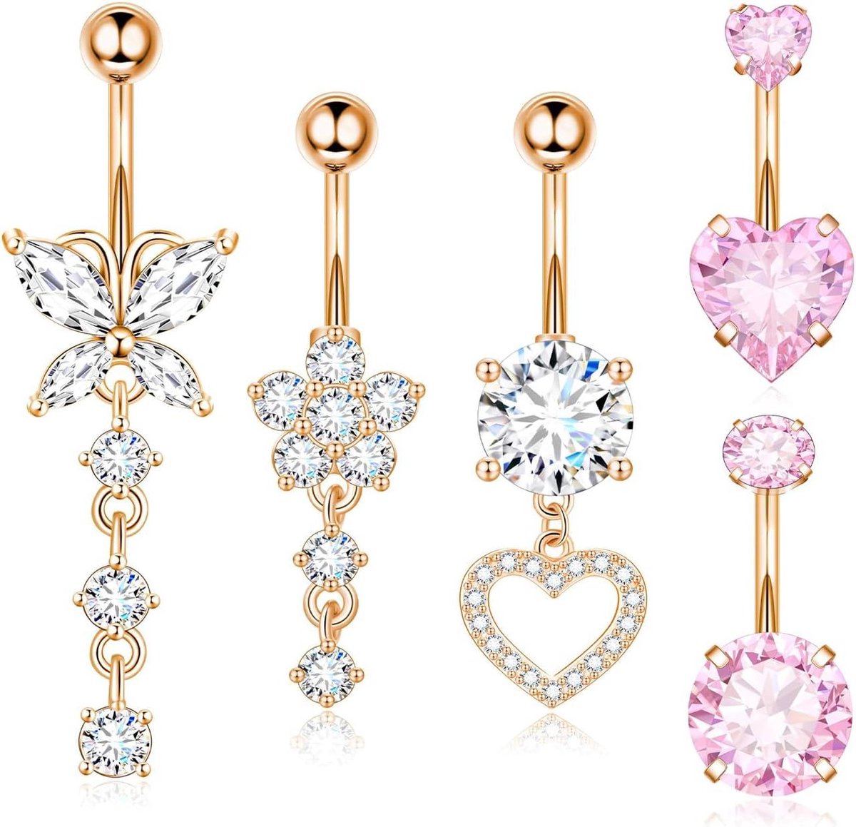 Cosensi - Navelringen van chirurgisch roestvrij staal voor vrouwen - Bungelende sieraden met hart, bloem en vlinder - Roségoud 14G