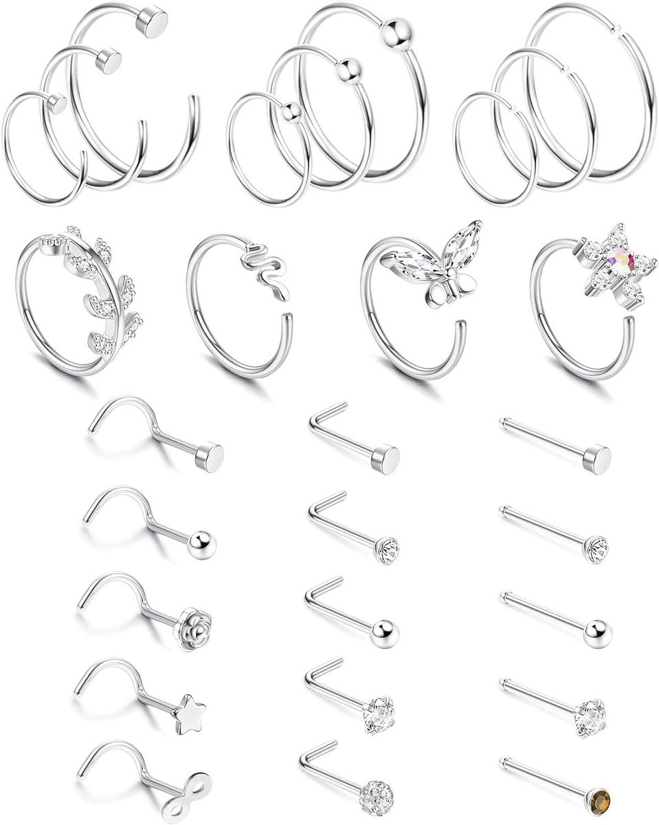 Cosensi - Neusstekers Set van 23/28 Stuks van Roestvrij Staal - L-vormig en C-vormig Zilver - Met Strass - Voor Vrouwen en Mannen
