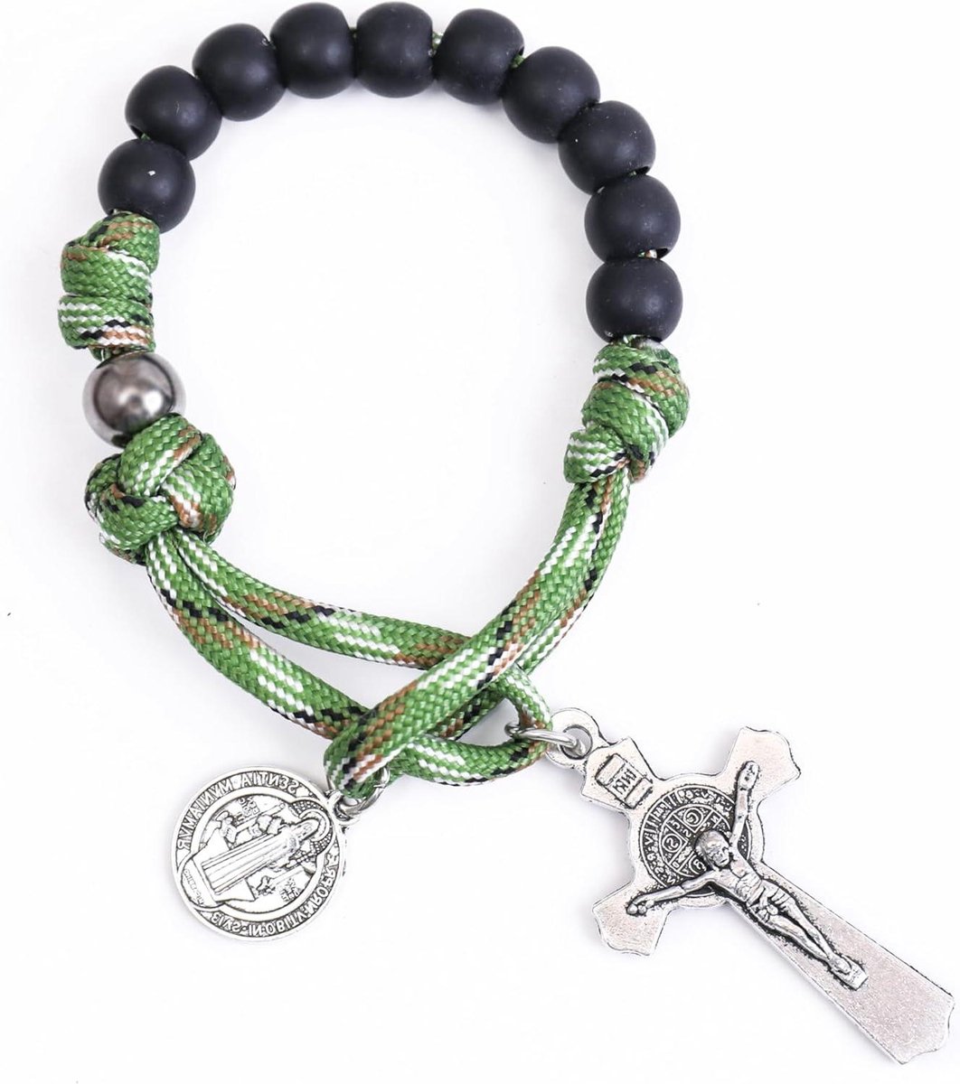   - Paracord rozenkrans armband met kralen - Wonderbaarlijke St Benedict en St Joseph Medal & Cross