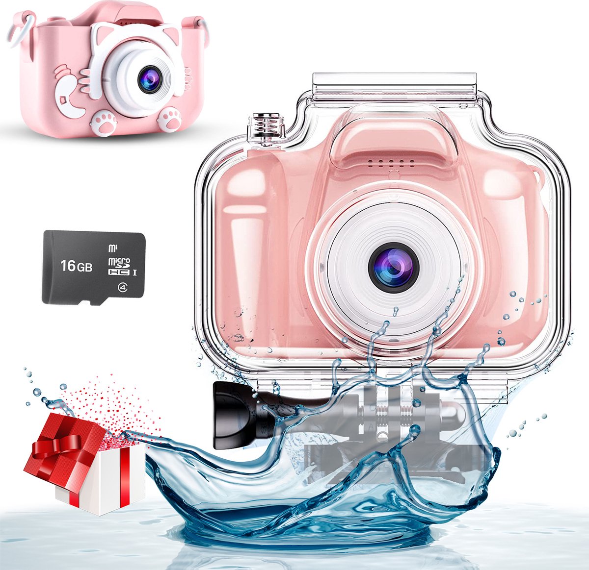 Kindercamera - Incl. 32GB SD-Kaart + Waterdichte behuizing - Digitale Kindercamera – Vlog en Selfie Camera Voor Beginners - Fototoestel voor Kinderen - Roze