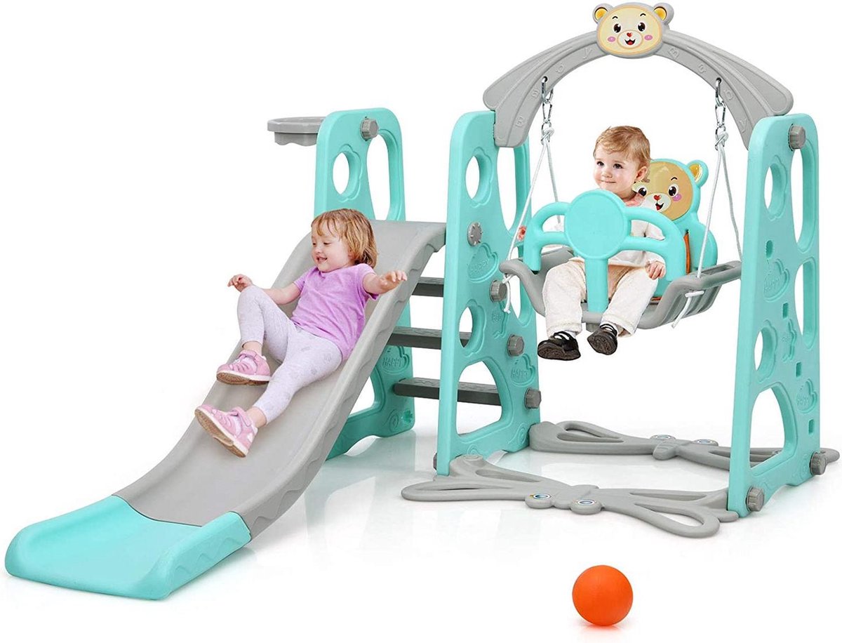 Bobbys Adventure Kinderglijbaan - Schommel - 4 in 1 Speelplaats - Basketbalmand - Voor Kinderen - Binnen en Buiten - 142 x 176 x 111 cm