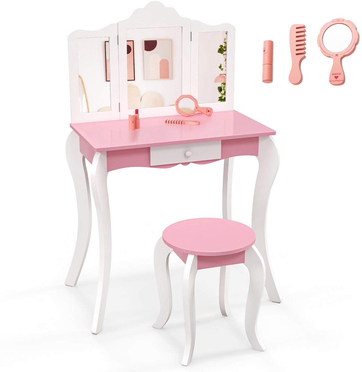 COSTWAY 2-in-1 kindermake-uptafel met kruk, kaptafel met 3-voudig afneembare spiegel en lade, make-uptafel voor meisjes, van hout, 68 x 42 x 100 cm (roze + wit)