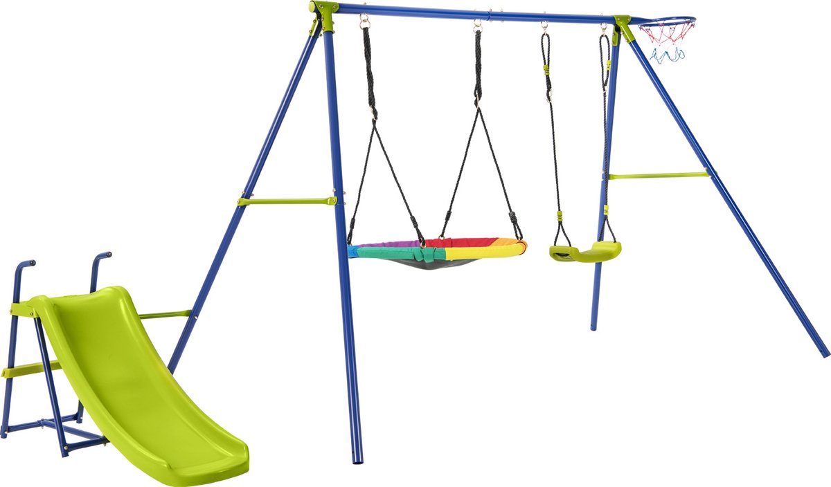 COSTWAY 4-in-1 schommelset, schommelframe met schommel, glijbaan en basketbalmand, schommelframe met dubbele schommel, tuinschommel met metalen frame voor binnenplaats, tuin