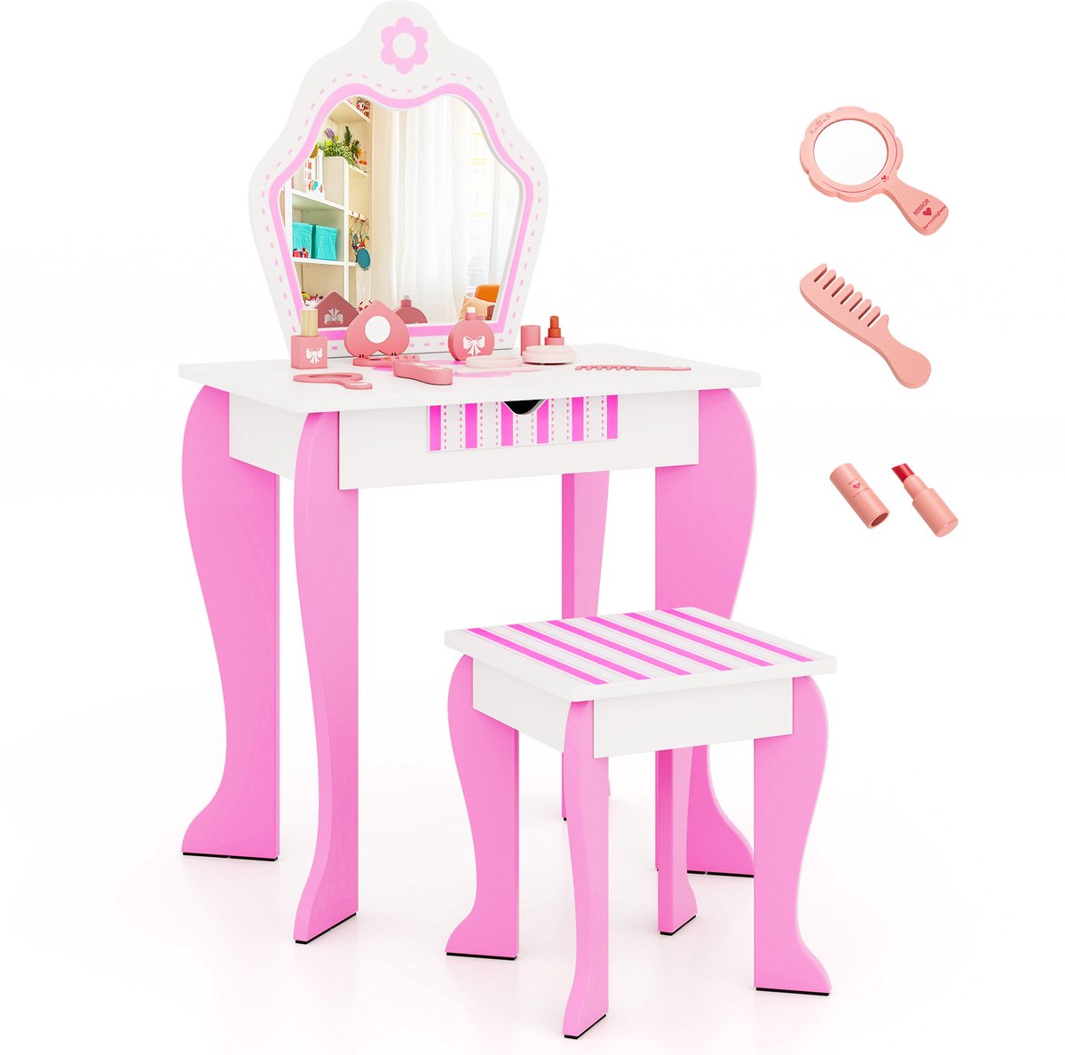 COSTWAY Kinderen Kaptafel & Krukje Set, Princess Speel Make-up Kleedtafel Set met Spiegel & Lade, 2-in-1 Kleuter Kaptafel Set Schrijftafel met Afneembare Top & Leuke Bloempatronen