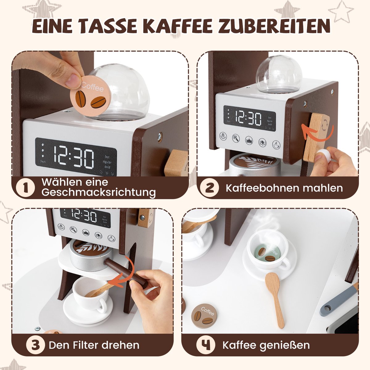 COSTWAY Kinderkeuken met accessoires, hoekspeelkeuken van hout met licht en geluid, houten keuken met koffiezetapparaat, magnetron, wasmachine, oven, hoekspeelkeuken voor kinderen vanaf 3 jaar