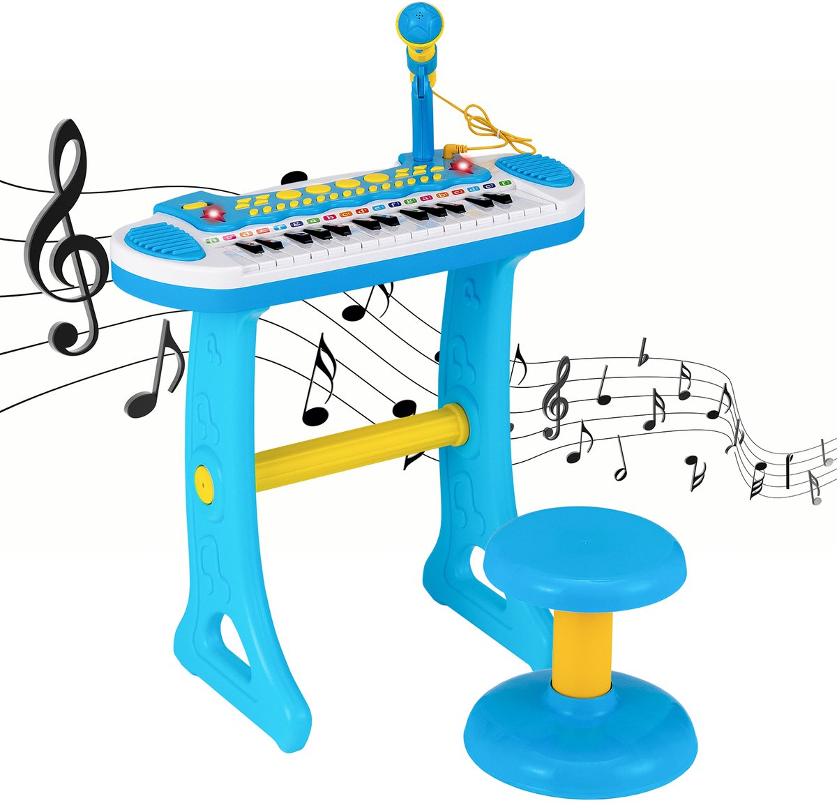 COSTWAY Kinderkeyboard met 31 toetsen, draagbaar muziekinstrument met meerdere geluiden en lichteffecten, verstelbare microfoon en kruk, schattig speelgoedpiano voor kinderen vanaf 3 jaar (blauw)