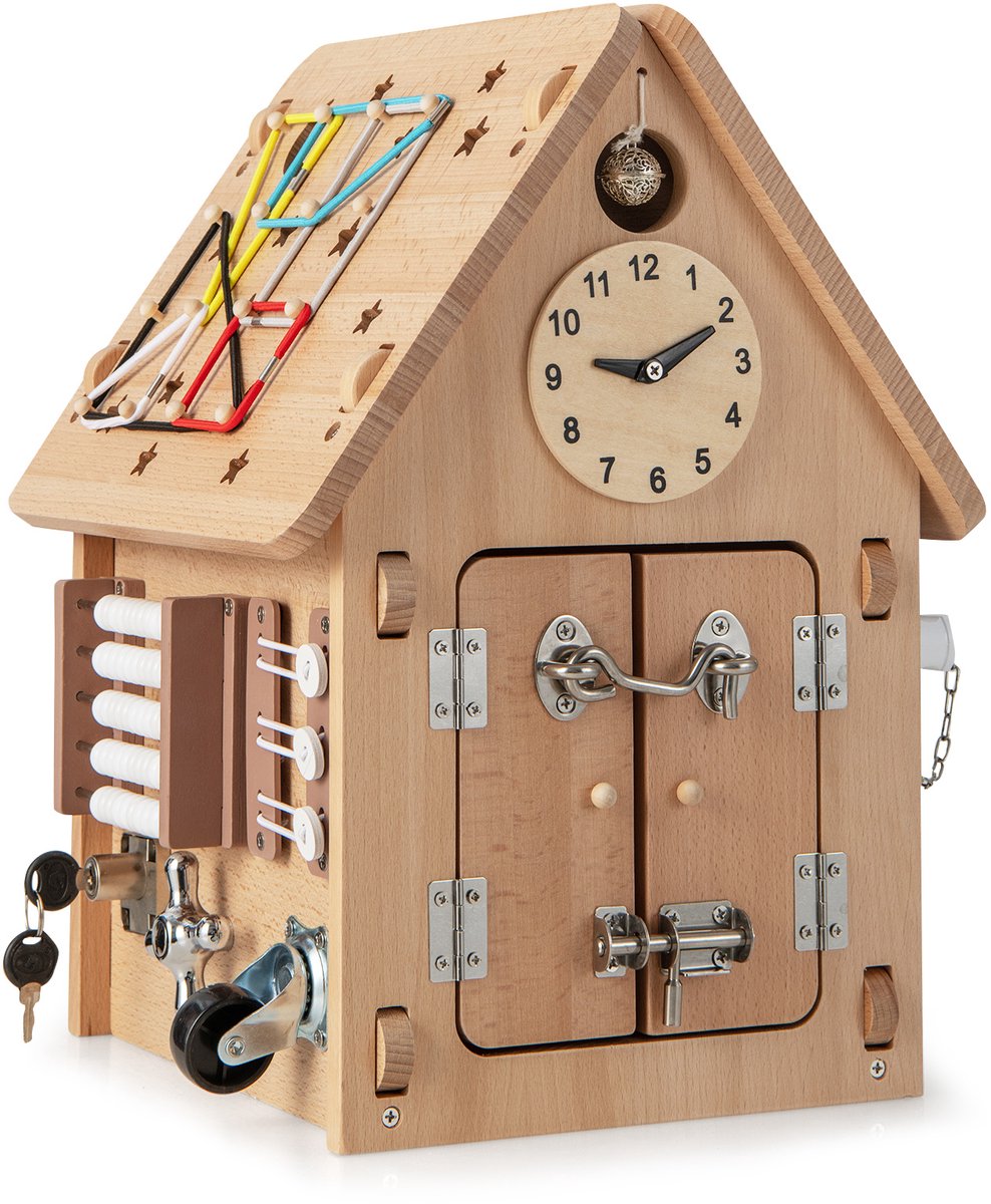 COSTWAY Kinderspeelhuis van hout, sensorisch speelgoedhuis met zintuiglijke speeltjes en opbergruimte binnenin, Montessori-speelgoed, activiteitenkubus, cadeau voor jongens en meisjes vanaf 3 jaar