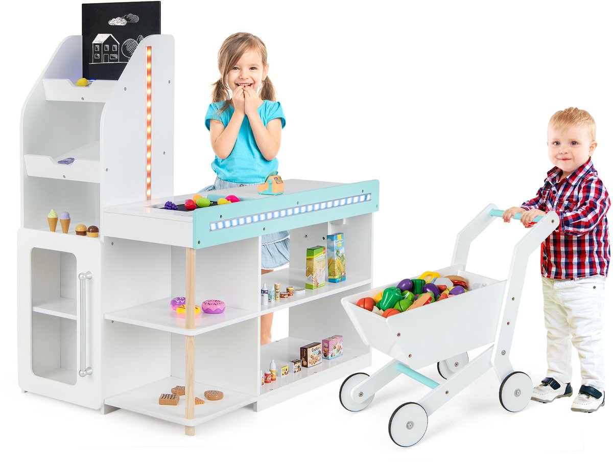 COSTWAY Koopwinkel voor kinderen, met winkelwagen, houten winkelwagen met kassa, 39 accessoires, bord en ledlampen en afstandsbediening, supermarktspeelgoed voor kinderen vanaf 3 jaar