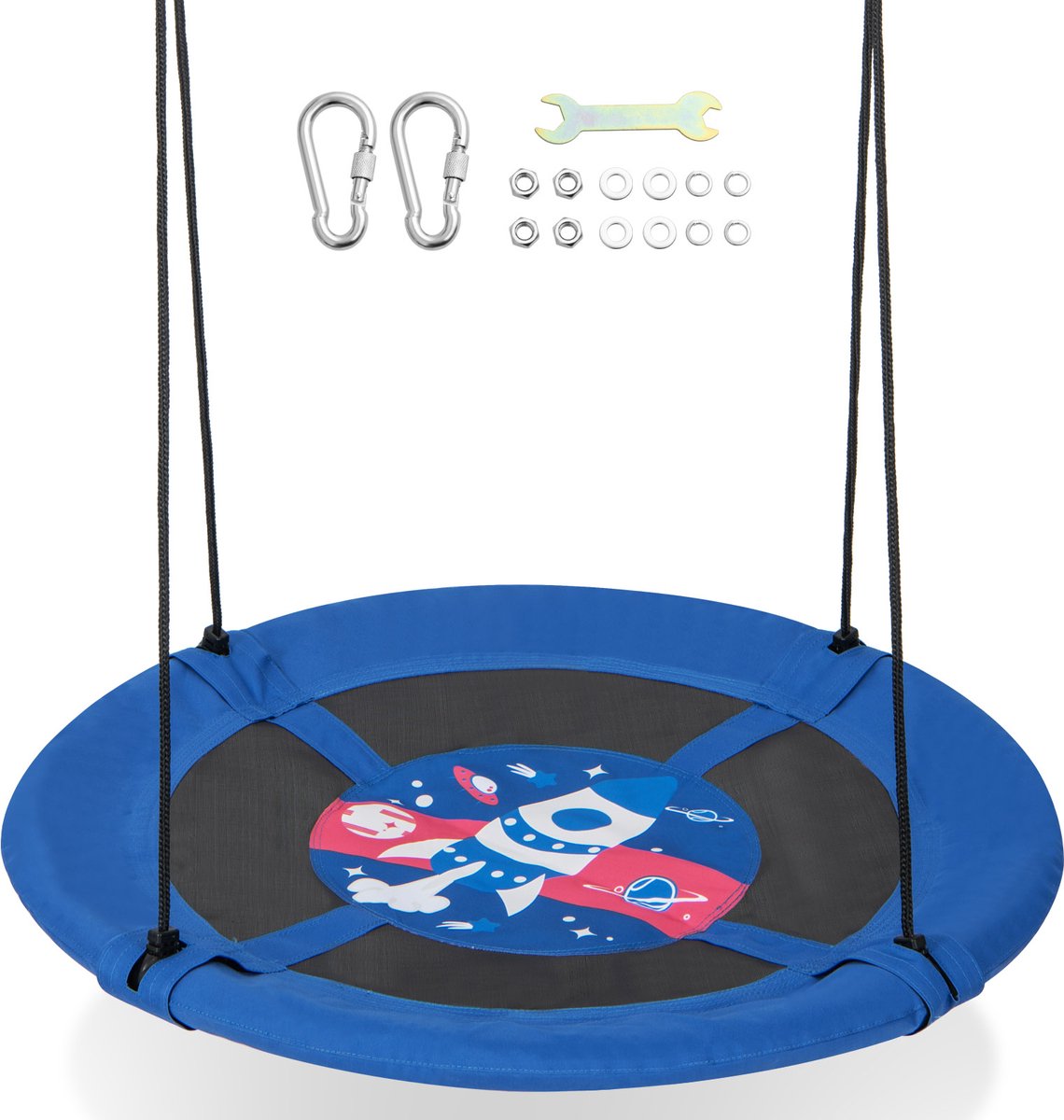 COSTWAY Nestschommel, kinderschommel, boomschommel, hangschommel, ronde schommel voor binnen en buiten, schommel voor kinderen en volwassenen, Ø 100 cm (blauw-raket)