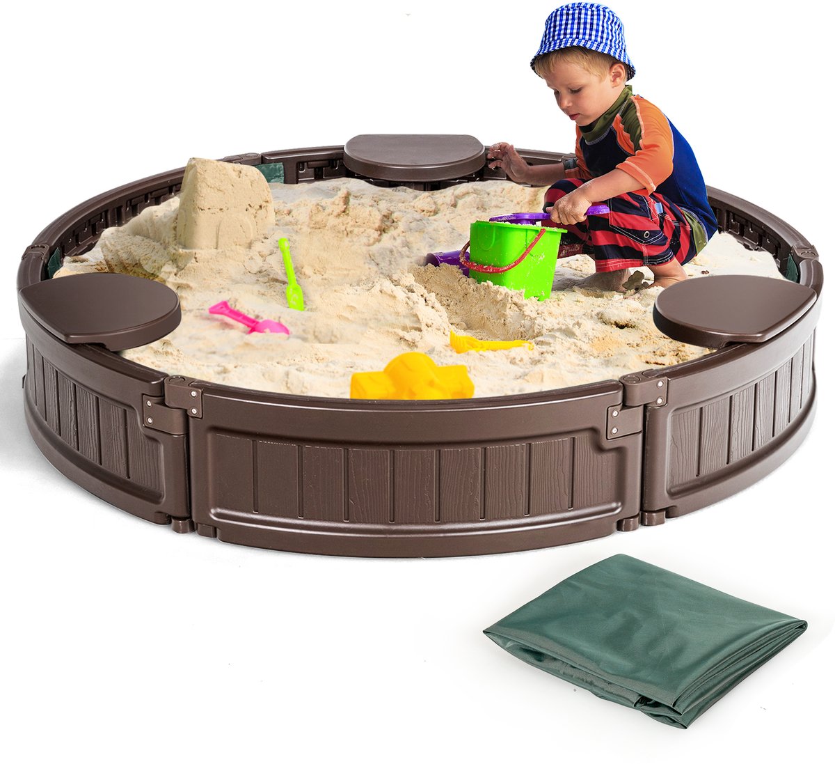 COSTWAY Ø 120 cm ronde zandbak met waterdichte afdekking en vloerbekleding, outdoor zandbak ruimte voor 3 kinderen